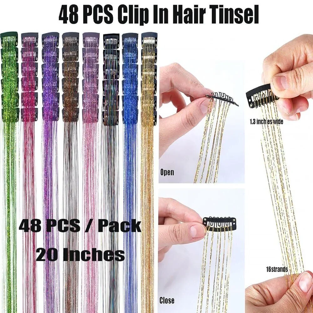 Hair Tinsel Clip in Rainbow Glitter Extensions 20Inch 48pcs Sparkling Hair Acces